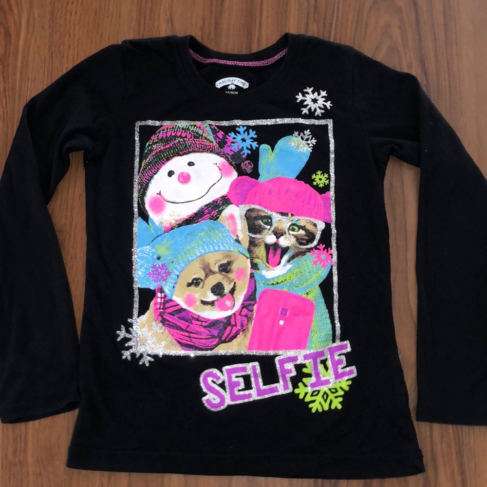 Holiday Time Selfie Christmas Print Long Sleeve T-shirt Size 4
